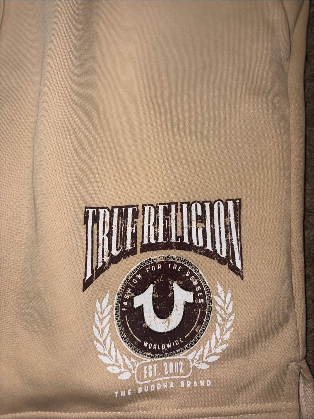 New True Religion College HS Shorts Mens XL Heather Tan Logo Sweat Shorts 700927 - Picture 3 of 8